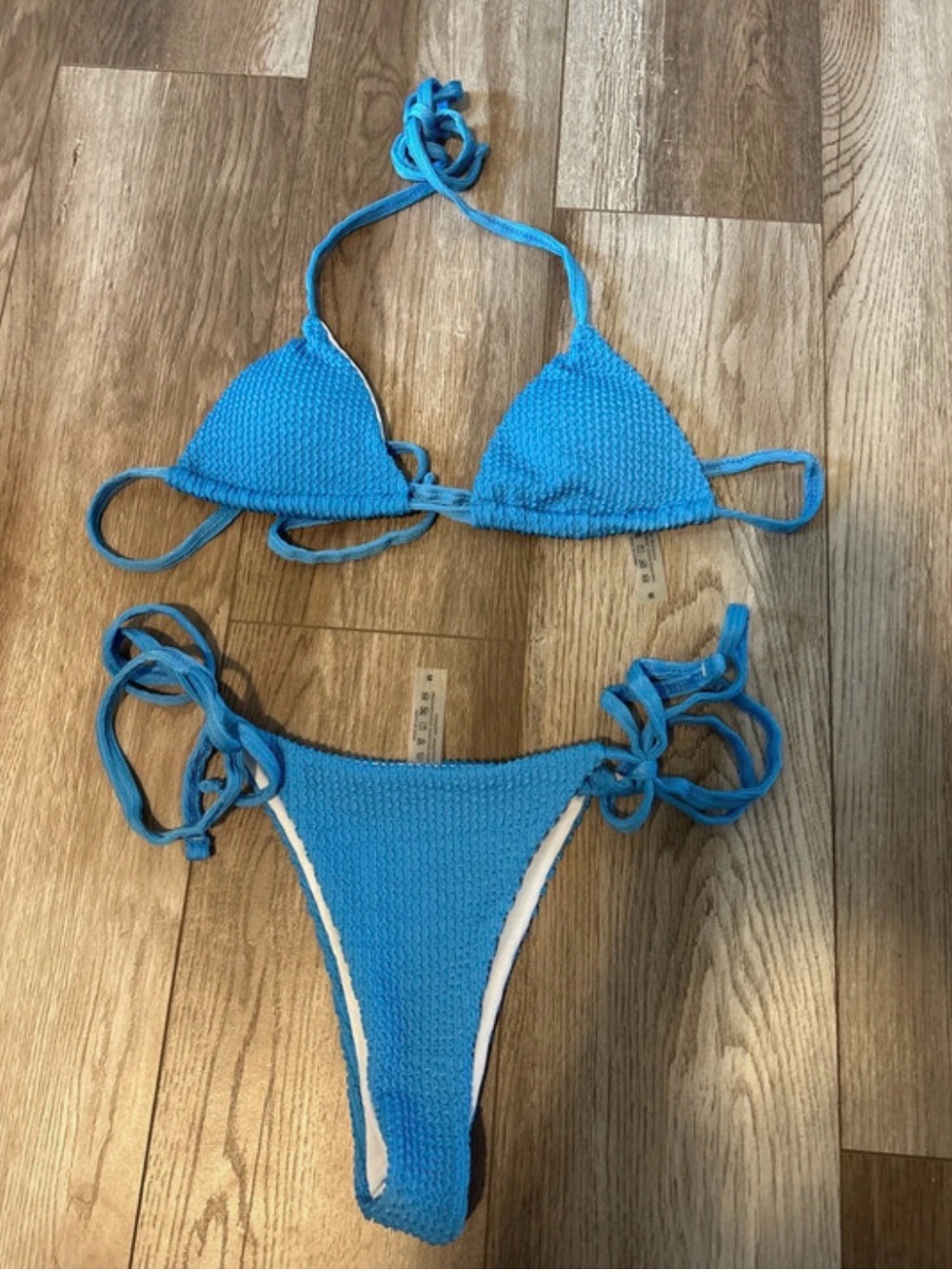 Turquoise Textured Triangle Bikini Set with Tie Straps